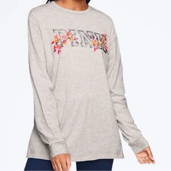 Victoria's Secret PINK Long Sleeve Bling Floral T-Shirt Gray Size Small - Picture 2 of 13